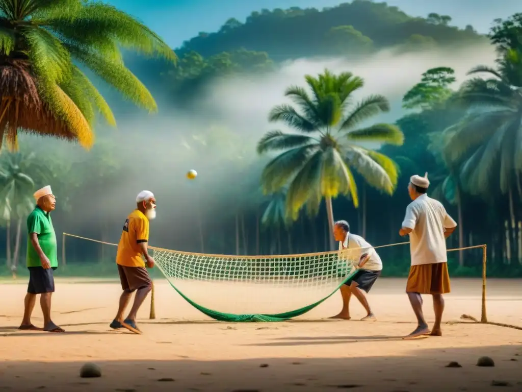 Un emocionante juego de Sepak Takraw en una aldea rural del Sudeste Asiático, con hombres mayores y niños admirando