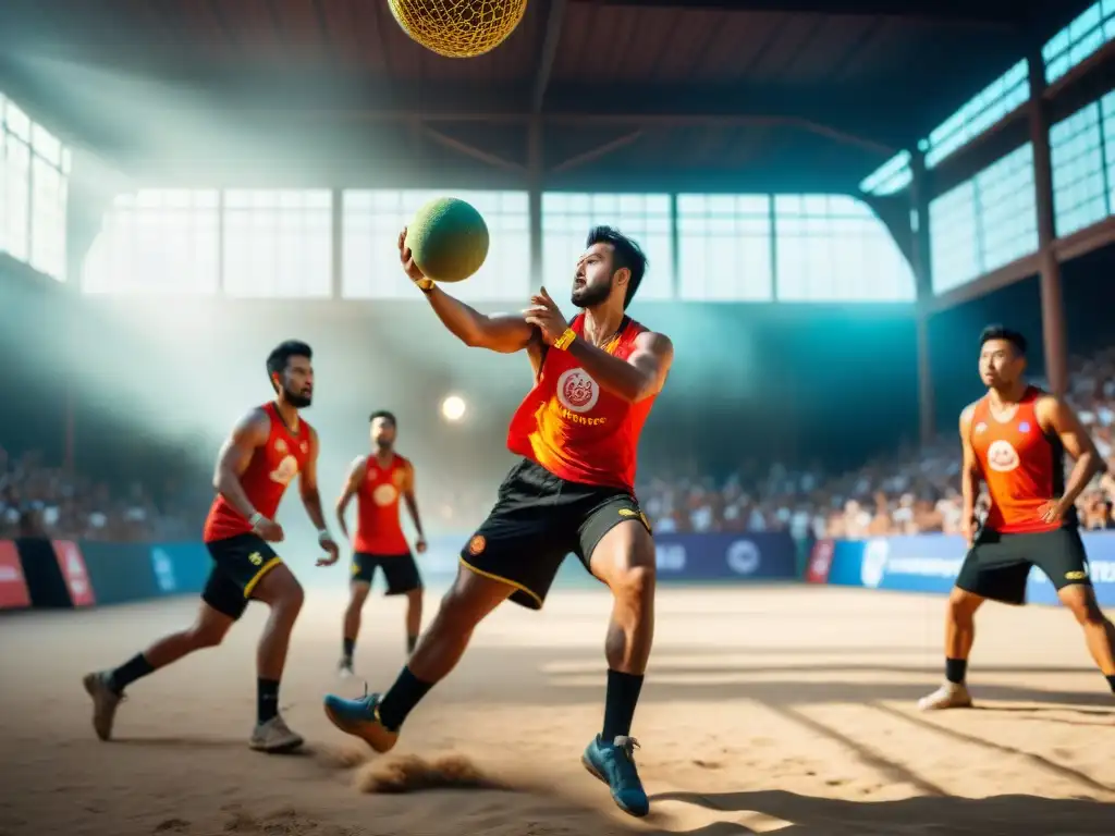 Un emocionante juego de Sepak Takraw en un polvoriento campo bajo el sol, con jugadores expertos y un público diverso