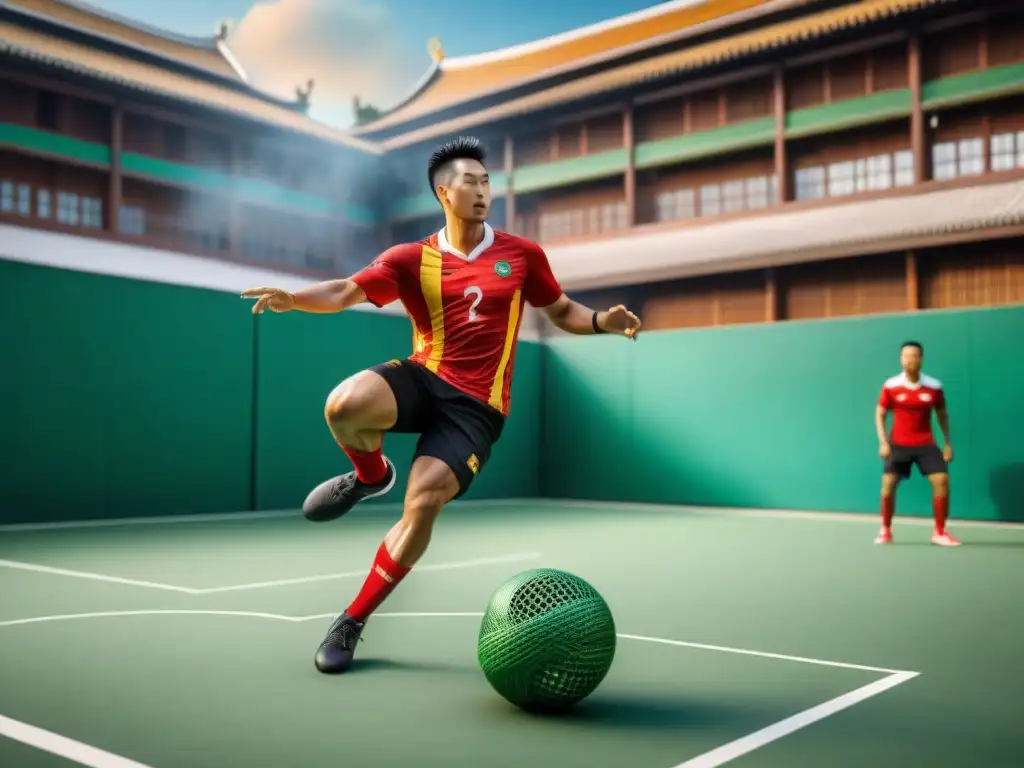 Emocionante juego de Sepak Takraw en un bullicioso campo al aire libre en Asia