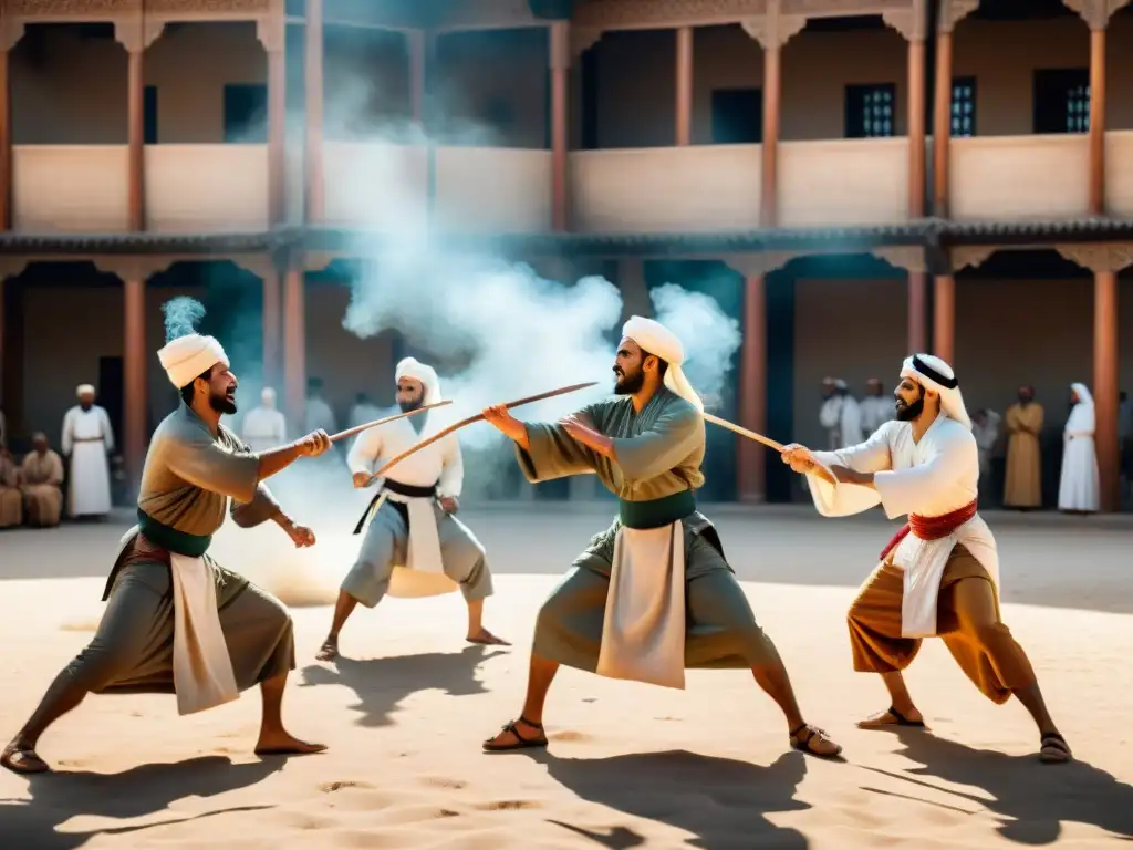 Un emocionante juego de Tahtib en un mercado del Medio Oriente con destreza y agilidad, resaltando los Juegos y deportes en Oriente Medio