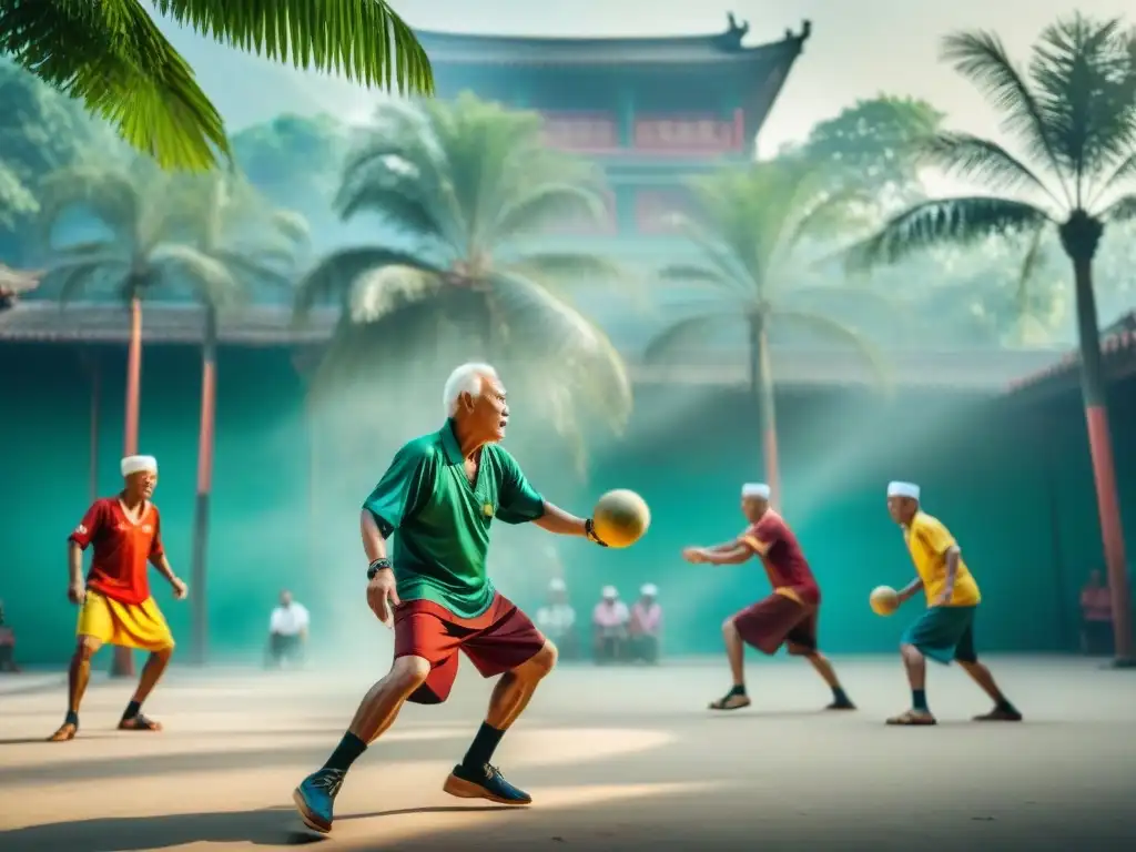 Un emocionante juego de Takraw entre ancianos asiáticos, bajo palmeras gigantes en un animado mercado del sudeste asiático