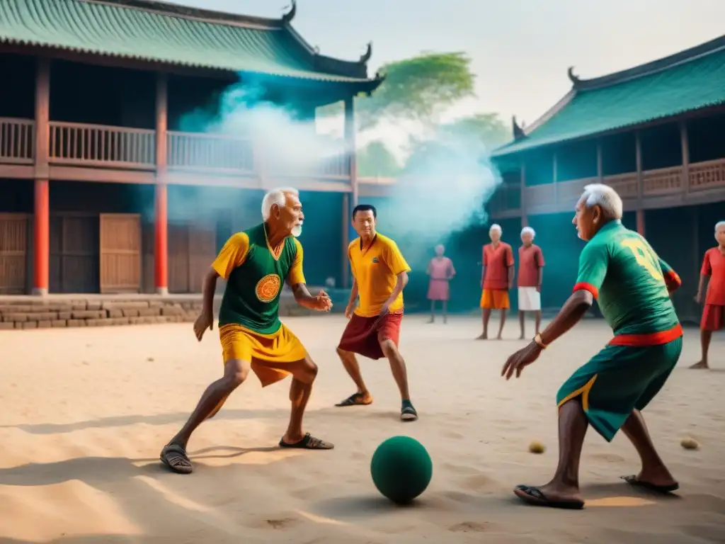 Un emocionante juego de Takraw en una plaza de un pueblo asiático, mostrando la historia del Takraw en Asia