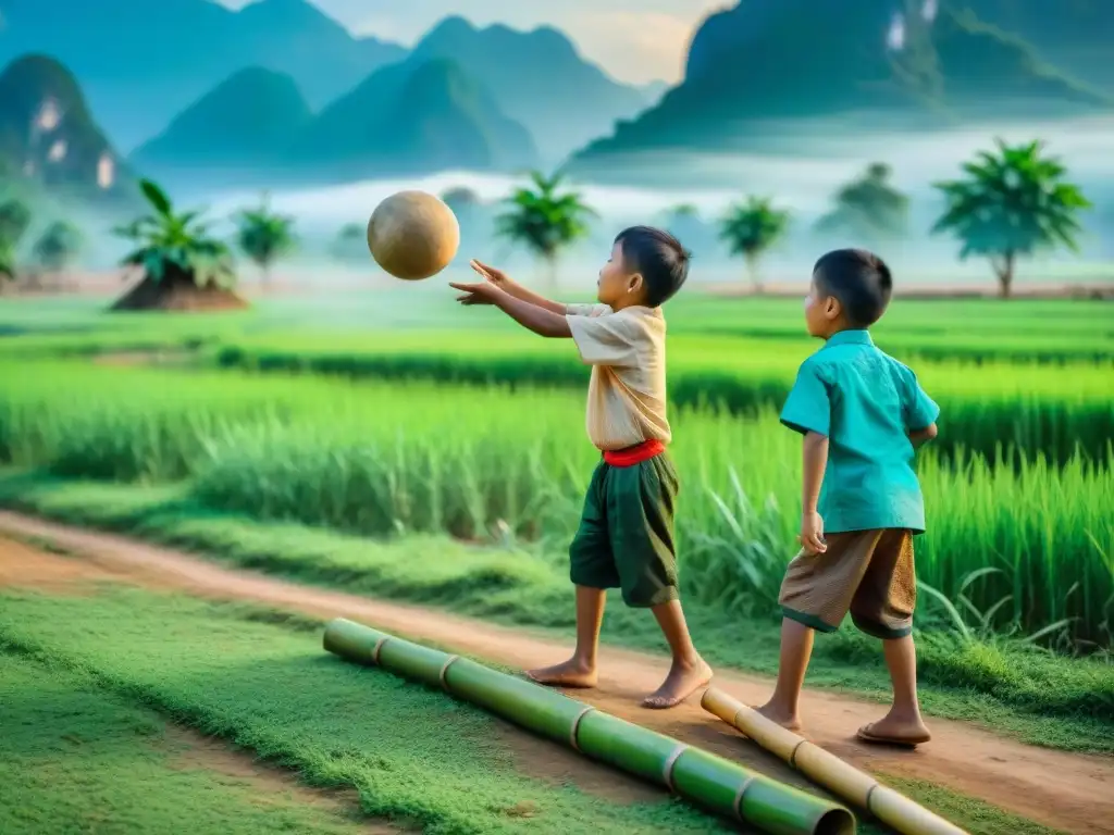 Un emocionante juego tradicional de Laos, donde los niños desafían la gravedad con destreza y alegría en un campo verde exuberante