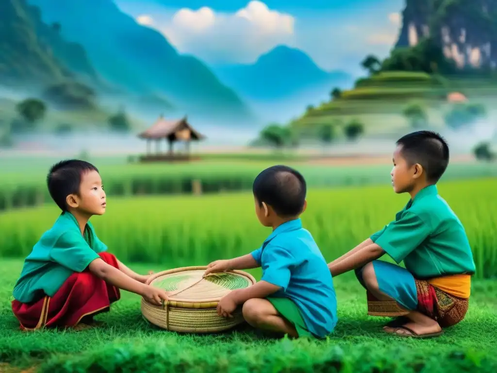 Un emocionante juego tradicional Laos de gravedad, con niños concentrados en un campo verde