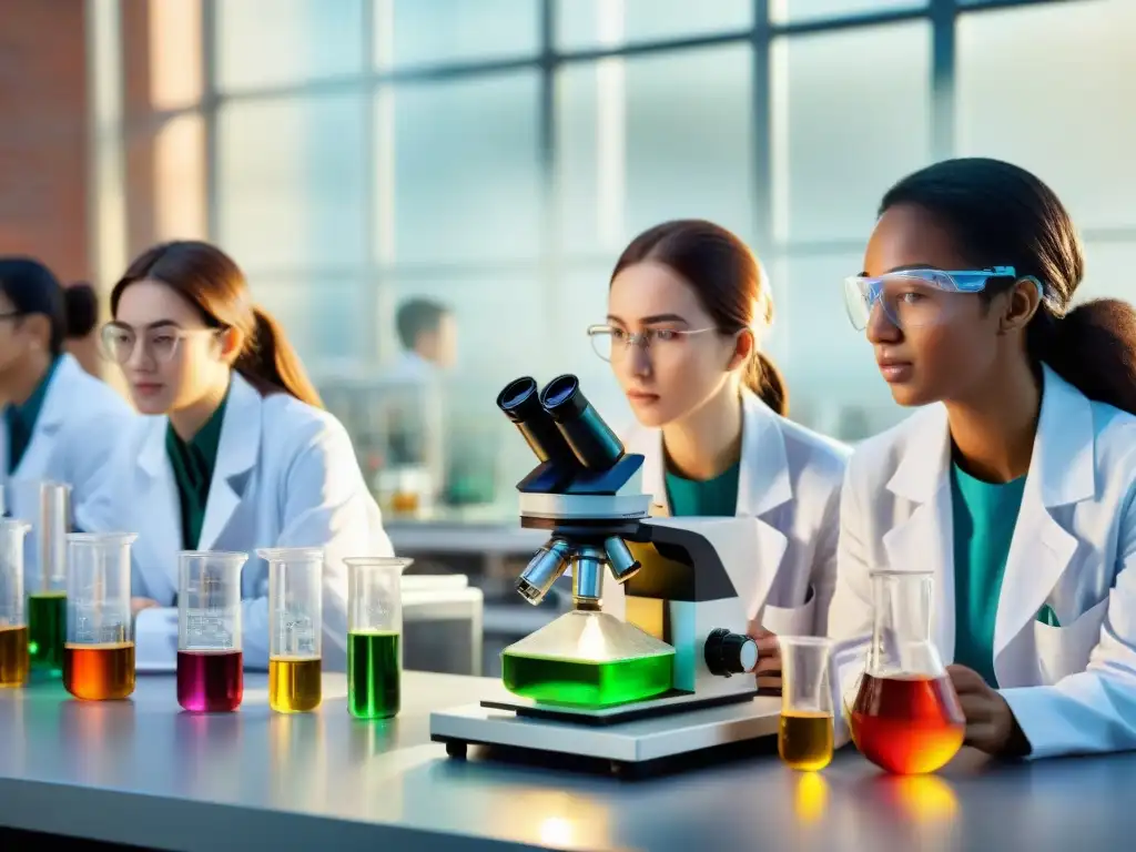 Un emocionante laboratorio de ciencias con jóvenes estudiantes, realizando experimentos, rodeados de equipo científico