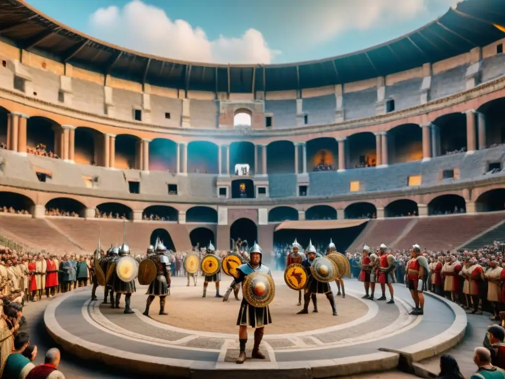 Emocionante mosaico de gladiadores en batalla y multitud animada en los antiguos Juegos de Roma cultura