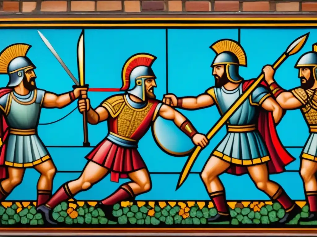 Emocionante mosaico de gladiadores romanos en combate, reflejando la intensidad de los Juegos de la antigüedad