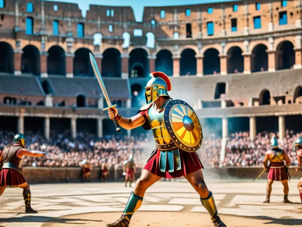 Emocionante mosaico de gladiadores romanos en combate en el Coliseo, con espectadores animados