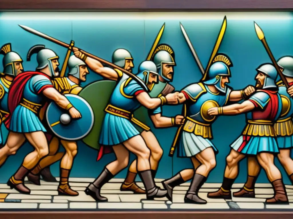 Emocionante mosaico de gladiadores romanos en combate, con detalles vibrantes que evocan los Juegos de la antigüedad