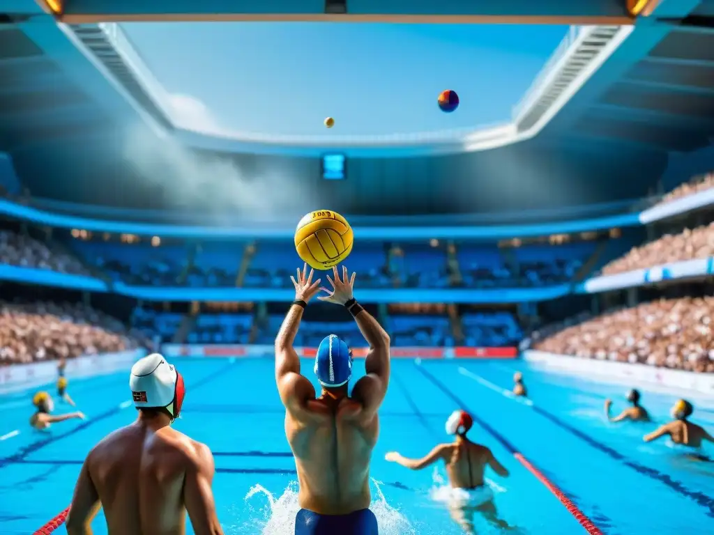 Emocionante partido de polo acuático histórico en Europa con jugadores y espectadores apasionados, bajo un cielo azul