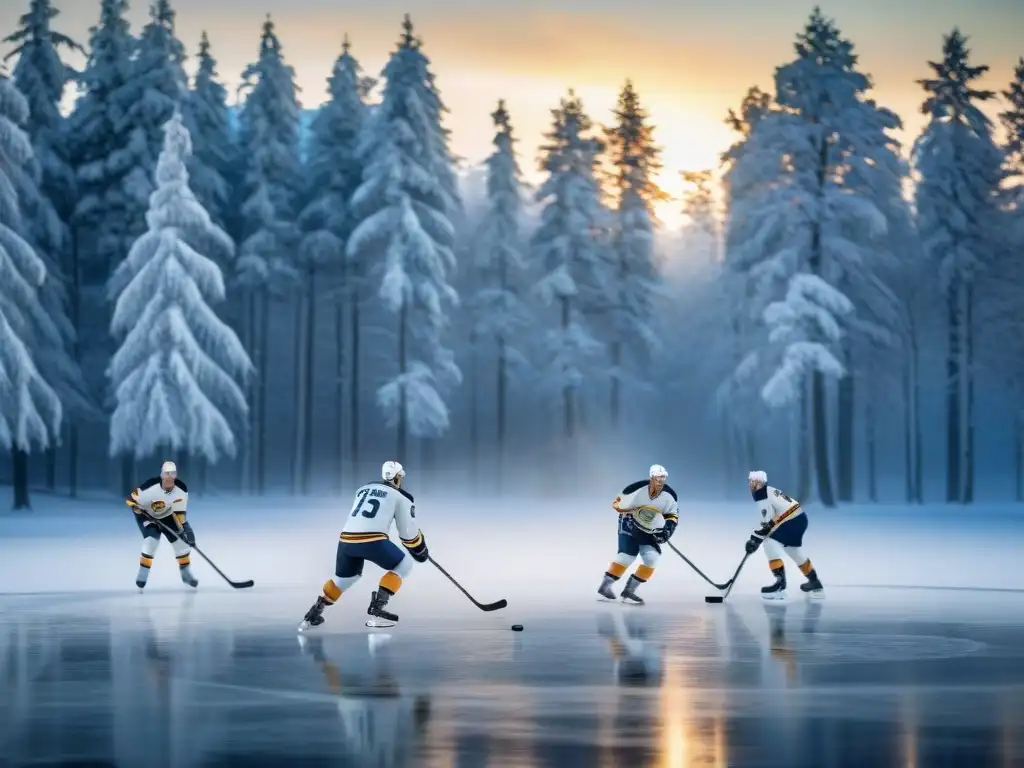 Un emocionante partido de bandy en un lago helado, donde jugadores de la década de 1900 exhiben determinación y trabajo en equipo