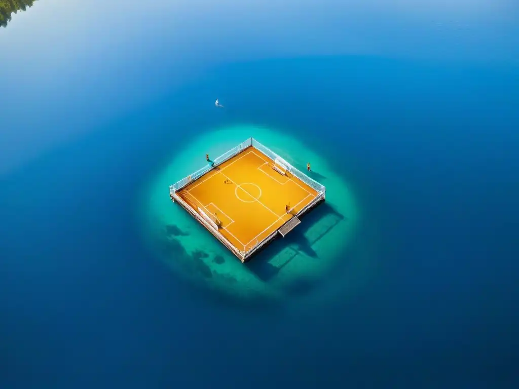 Un emocionante partido de fútbol en plataformas flotantes en un lago, con jugadores habilidosos y un atardecer dorado