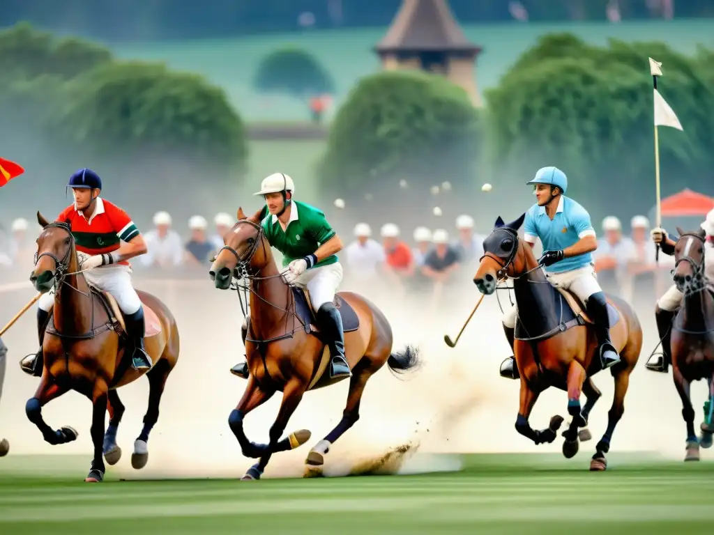 Un emocionante partido de polo histórico en Europa, con jugadores en caballos, espectadores elegantes y un castillo de fondo