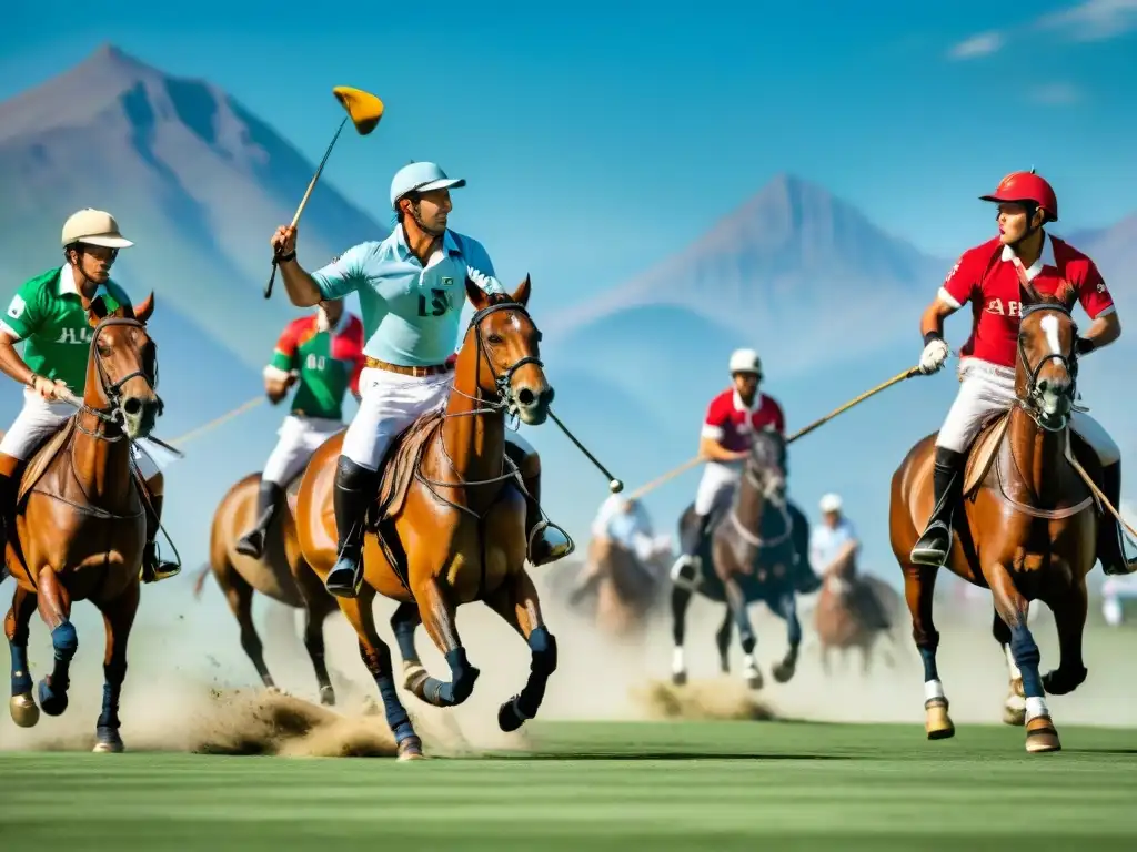 Emocionante partido de polo en Argentina con jugadores elegantes y potentes caballos en plena acción