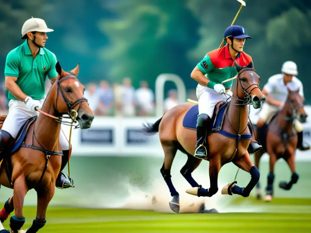 Juego de polo: elegancia y emoción en el campo Un emocionante partido de polo con jugadores y caballos en movimiento rápido