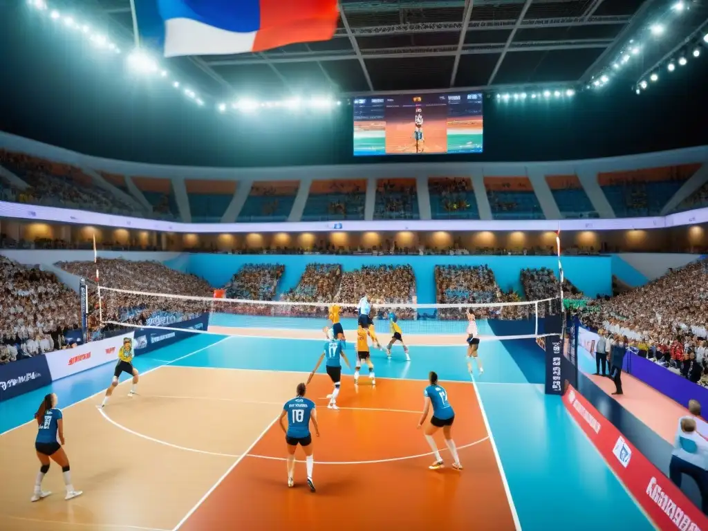 Emocionante partido de voleibol en Rusia con fans vibrantes y jugadores en acción