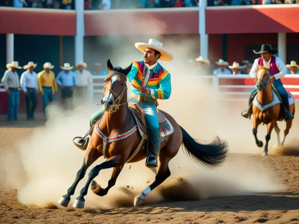 Un emocionante retrato de una charreada, capturando la energía de los deportes autóctonos latinoamericanos historia