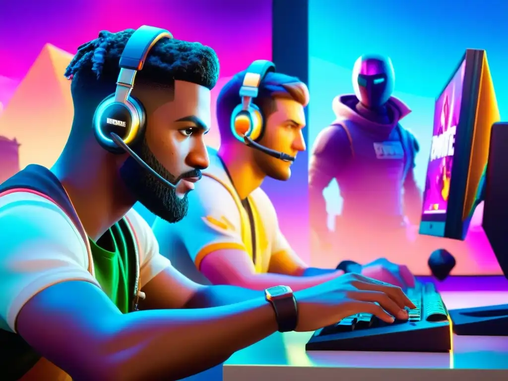 Un emocionante retrato de gamers inmersos en el juego Fortnite, rodeados de gear y memorabilia gaming