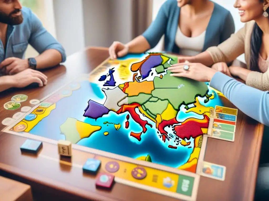 Emocionante reunión de amigos jugando juegos de mesa europeos, destacando el renacimiento de los juegos de mesa en Europa