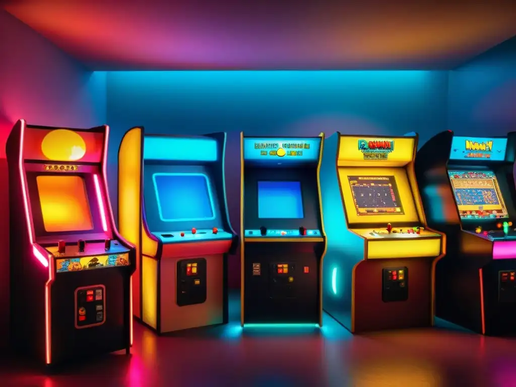 Emocionante sala de juegos retro con clásicos digitalizados como PacMan, Donkey Kong y Space Invaders