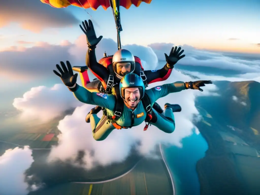 Emocionante salto en paracaídas al atardecer, demostrando la adrenalina de los deportes extremos