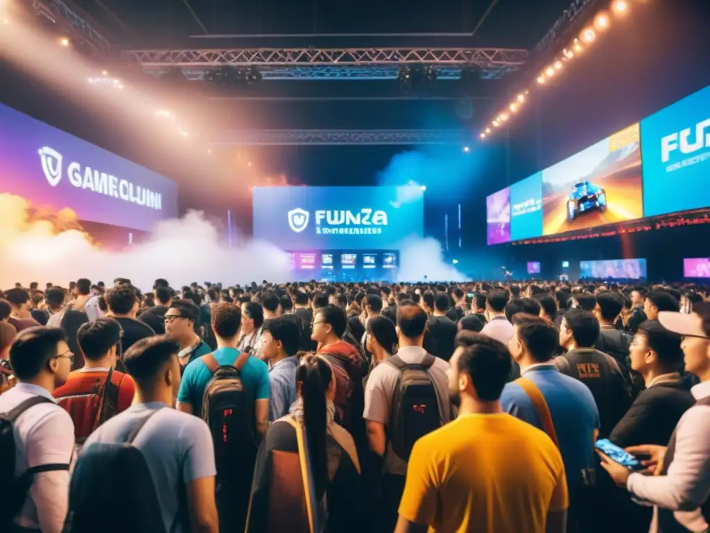 Convención de juegos móviles: torneo de esports vibrante y diverso Un emocionante torneo de deportes electrónicos en una convención de juegos móviles, fusionando tecnología, entretenimiento y cultura pop