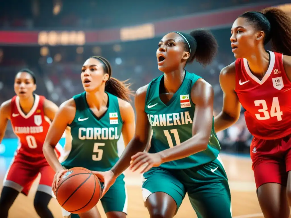 Un emocionante torneo internacional de baloncesto femenino, donde jugadoras de distintos países compiten con pasión en la cancha