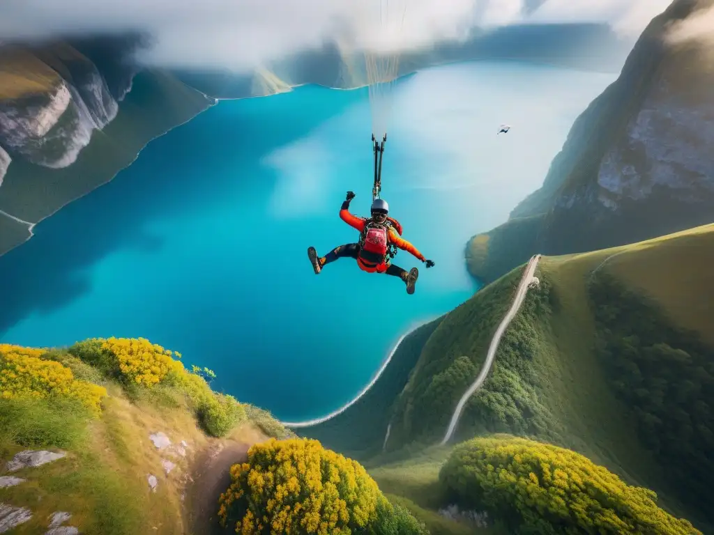 Emocionante vista aérea de atletas de deportes extremos en acción, desafiando límites en paisajes impresionantes