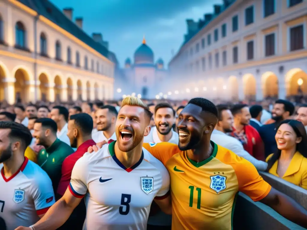 Emociones globales en plaza de fútbol, diversidad cultural y jerseys nacionales, unidos por historia del fútbol globalización cultural