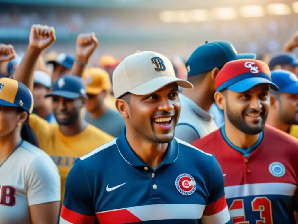 Una emotiva escena de aficionados deportivos con sombreros representativos, celebrando en un evento, expresando identidad y camaradería