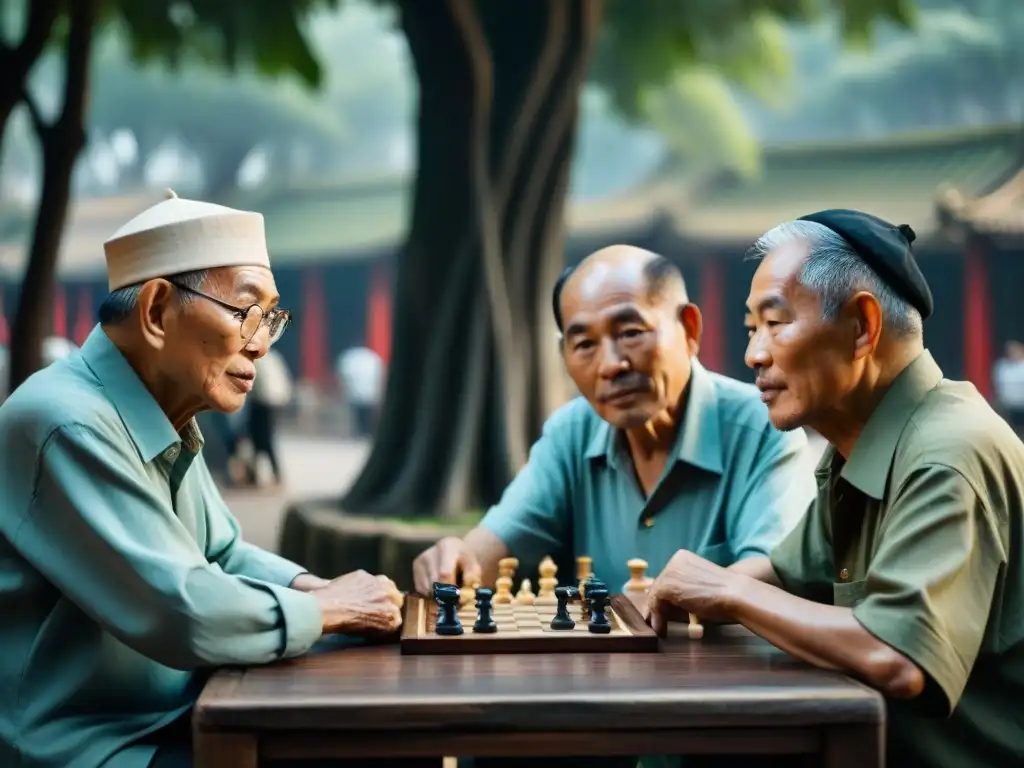 Emotiva escena de ancianos jugando Xiangqi bajo un árbol en Hanoi, reflejando la historia de los juegos de mesa en la cultura vietnamita