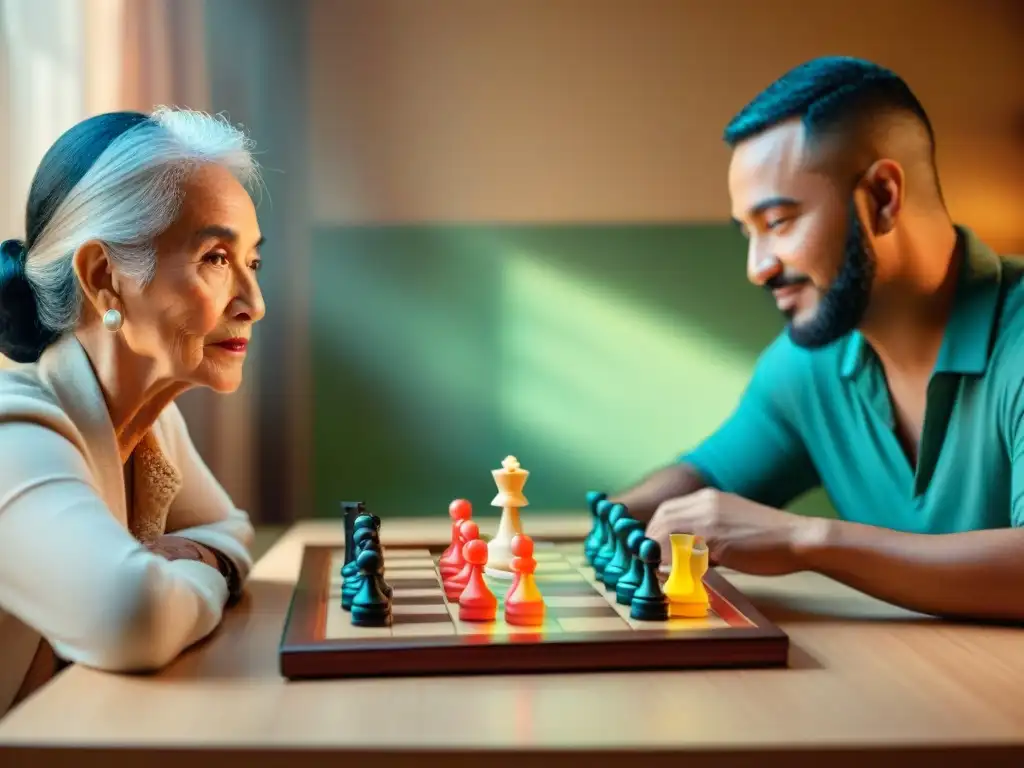 Emotiva escena de tres generaciones jugando juegos de mesa tradicionales de diferentes culturas en un ambiente cálido y familiar