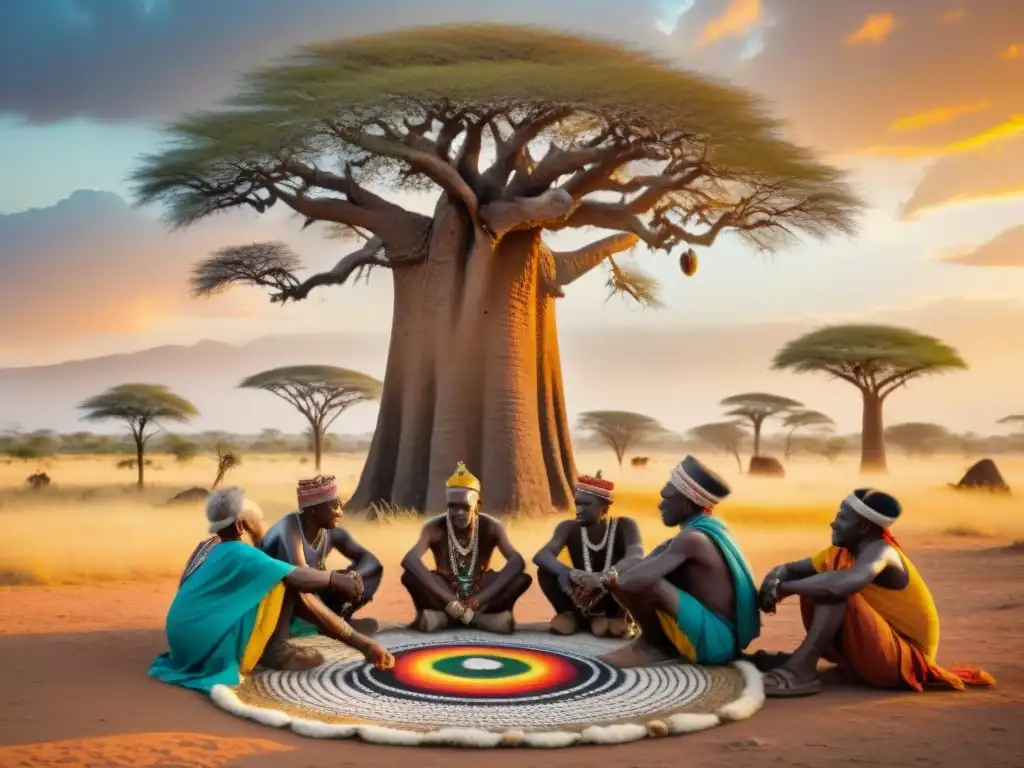 Emotiva escena de juegos de azar ancestrales África: ancianos tribales bajo baobab, niños curiosos, atardecer dorado