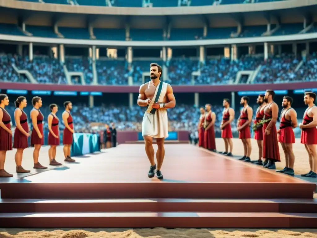 Escena épica: Atletas griegos ganadores en el estadio olímpico antiguo Emotiva escena de premios en los antiguos Juegos Olímpicos