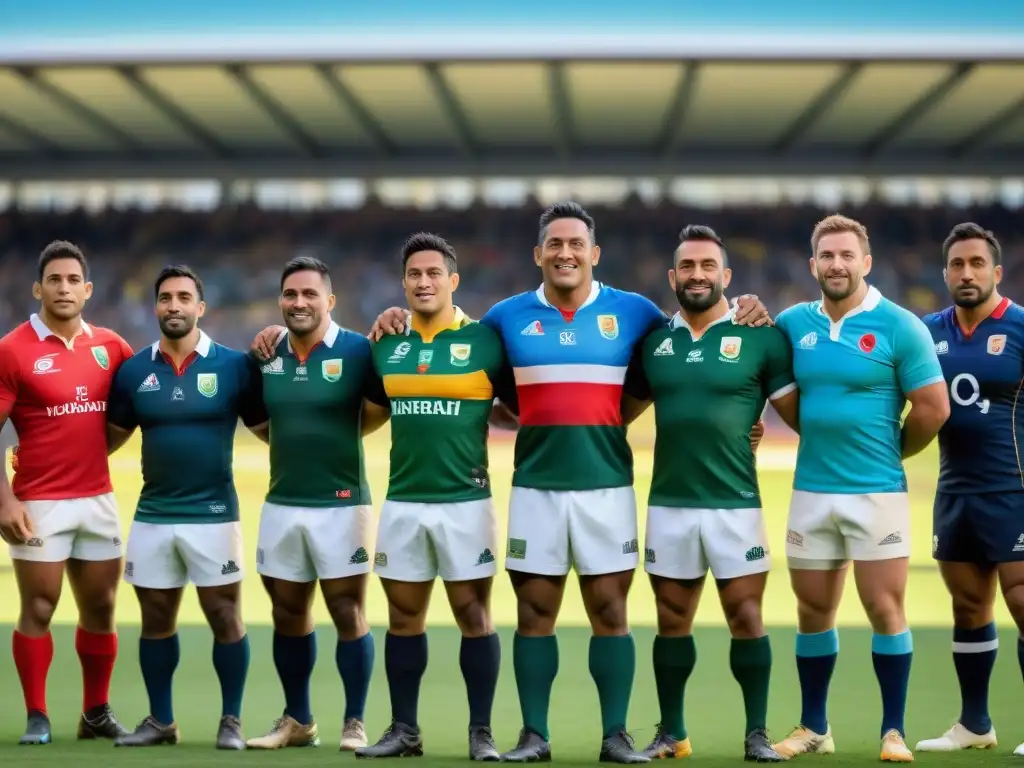 Unión y pasión: jugadores de rugby latinoamericanos en acción Emotiva imagen de la historia y evolución del rugby en América Latina, con jugadores de diferentes países unidos en el campo