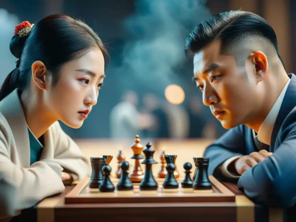 Emotiva partida de Janggi entre dos jugadores concentrados, destacando la historia y evolución de los juegos de culturas deportivas