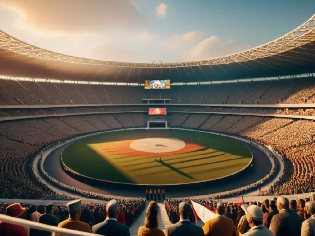 Emotiva tradición ceremonias Juegos Olímpicos en estadio antiguo con atletas y oficiales en ceremonia al atardecer