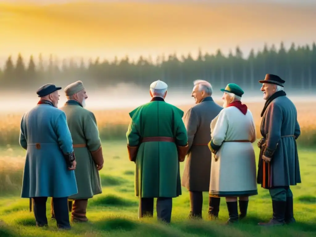 Emotivo juego de Pesäpallo en la campiña finlandesa con hombres mayores en trajes tradicionales, bajo la cálida luz del atardecer