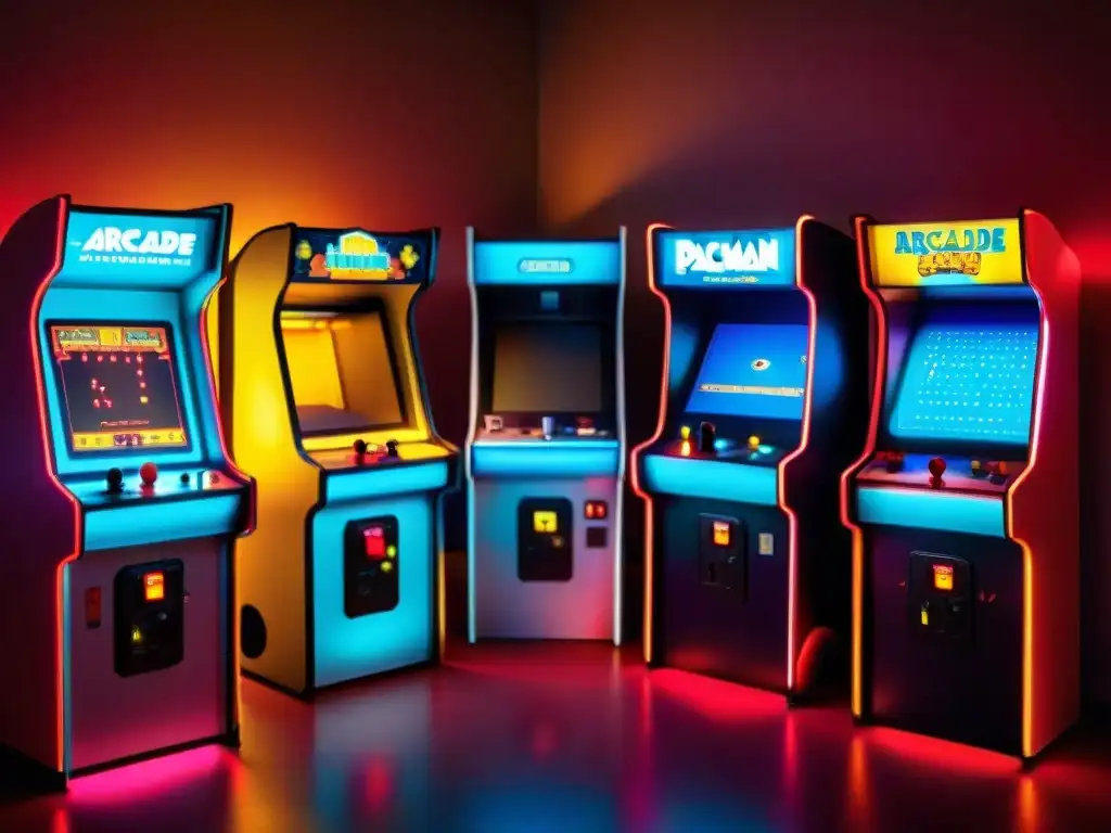 Emuladores juegos retro para nostálgicos: Sala de arcade vintage con máquinas clásicas, luces de colores y ambiente inmersivo