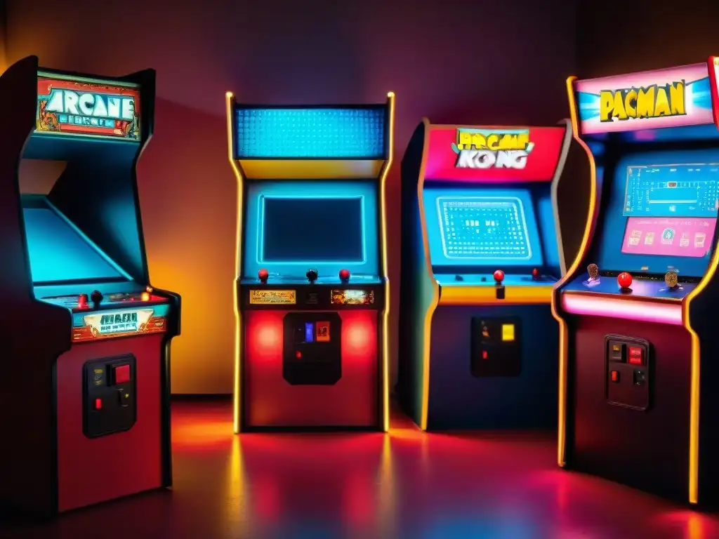 Emuladores juegos retro para nostálgicos: Sala de arcade vintage iluminada por neón, jugadores disfrutando de clásicos como PacMan y Donkey Kong