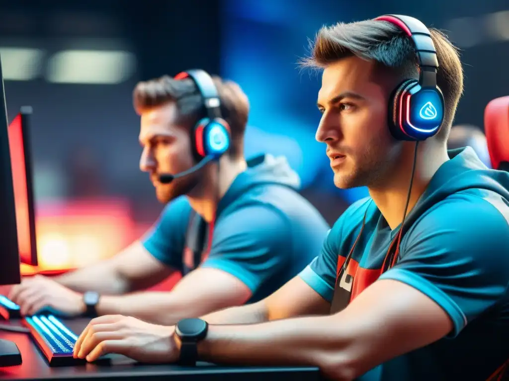 Energía y tensión en torneo eSports, jugadores concentrandos y frustados