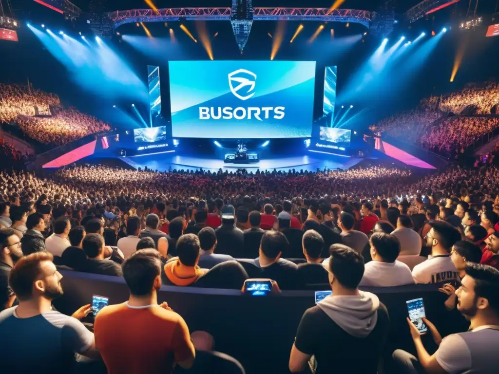 Enérgico escenario de esports con entusiastas y profesionales del gaming, resaltando el impacto del streaming en videojuegos