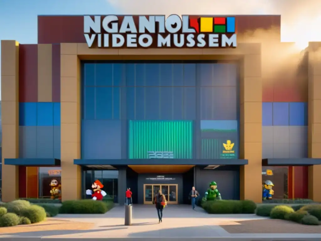 Entrada grandiosa del Museo Nacional de Videojuegos en Frisco, Texas, con personajes pixelados icónicos