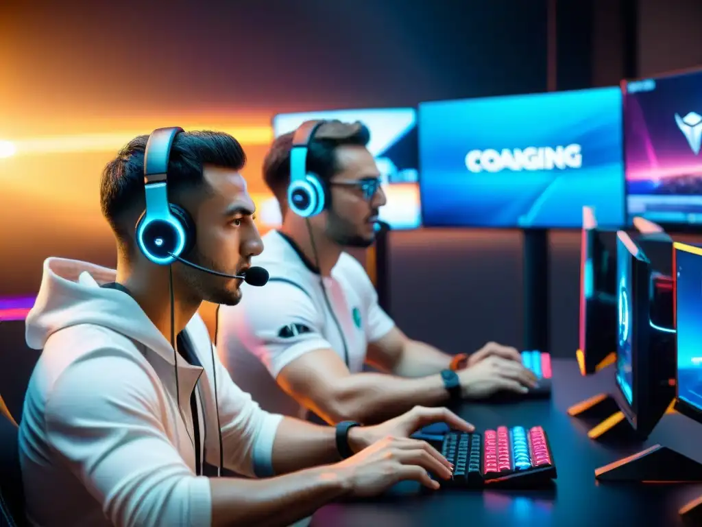 Entrenadores de equipos eSports analizan estratégicamente en moderno centro de entrenamiento