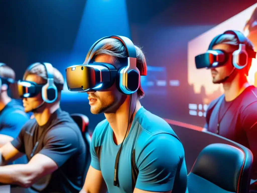 Entrenamiento eSports inteligencia artificial: Jugadores profesionales inmersos en simulación hiperrealista con headsets de realidad virtual