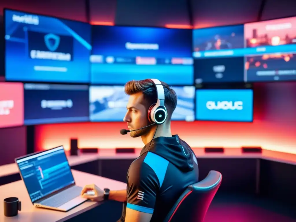 Entrenamientos de eSports con Inteligencia Artificial: Jugadores concentrados rodeados de tecnología futurista y datos en pantalla