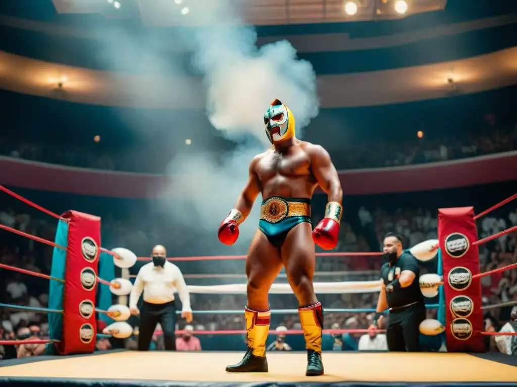 Una épica batalla de lucha libre en una arena colorida, con máscaras, espectadores vibrantes y una atmósfera electrizante