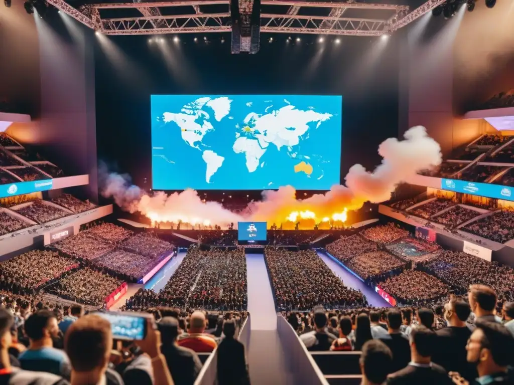 Una épica competencia internacional de eSports con jugadores de todo el mundo, en una arena llena de fans emocionados y banderas de diversos países