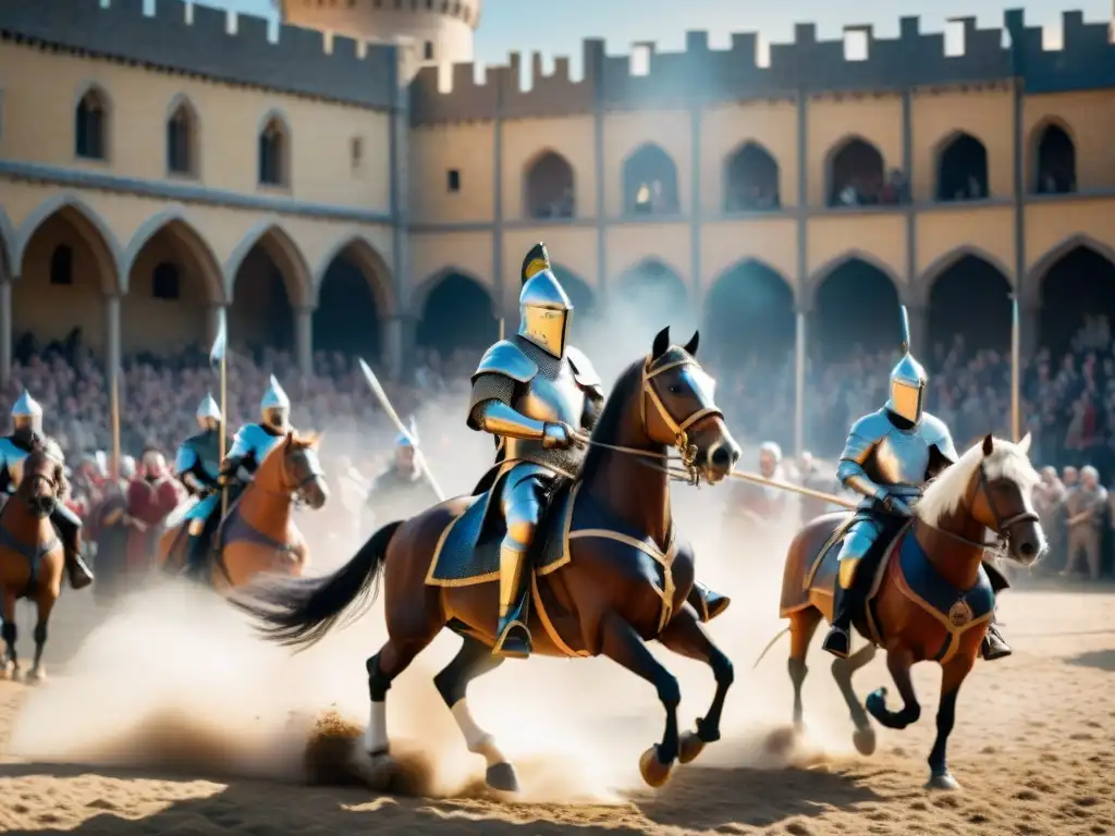 Épica competencia de justas medievales en un torneo, con caballeros en armadura y castillo de fondo