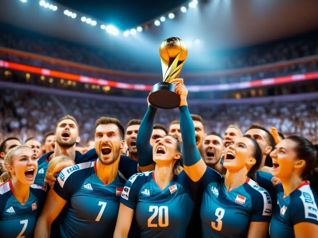 Celebración épica del equipo nacional ruso de voleibol, rodeado de fans eufóricos en un estadio lleno